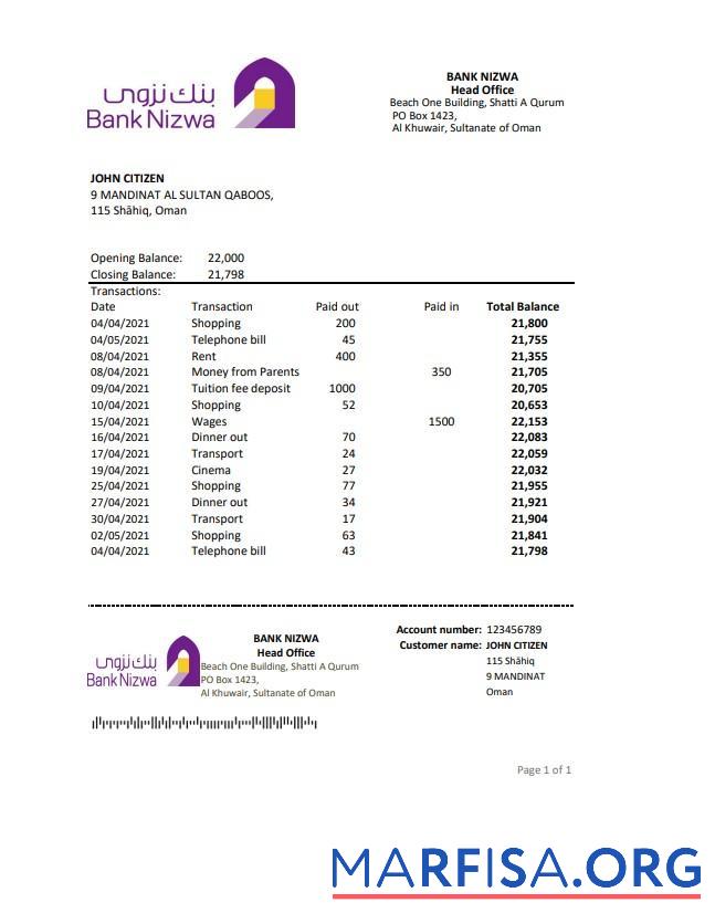 Printable Oman Bank Nizwa bank statement excel template